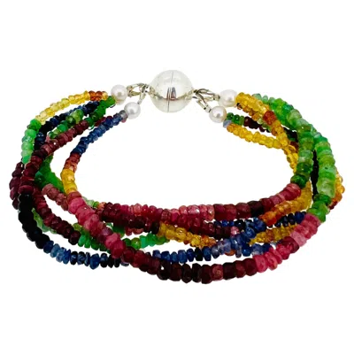Pre-owned 15degreeslondon 6-strands Bracelet With Rubies, Emeralds, Sapphires And Magnetic Silver Closure In Multi