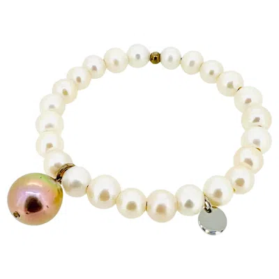 Pre-owned 15degreeslondon Cream White Freshwater Pearl Bracelet With Dangling Lustrous Pink Baroque Pearl