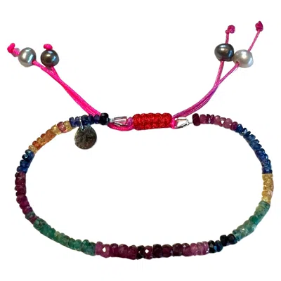 Pre-owned 15degreeslondon Drawstring Rainbow Gemstone Bracelet With Ruby, Emerald, And Sapphire Beads In Blue