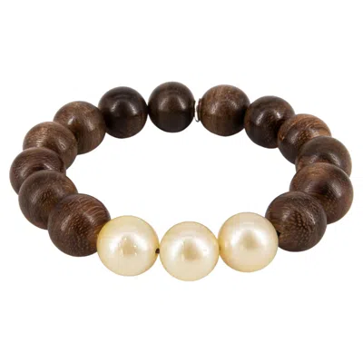 Pre-owned 15degreeslondon Ebony Beads Bracelet With 3 Big Golden South Sea Pearls In Black
