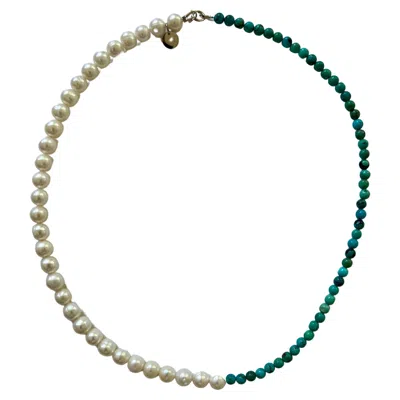 Pre-owned 15degreeslondon Handcrafted Necklace With White Freshwater Pearls And Turquoise Beads