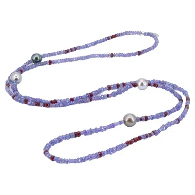 Pre-owned 15degreeslondon Long Necklace With About 110 Carats Natural Tanzanites, Rubies And Tahiti Pearls In Multi