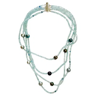 Pre-owned 15degreeslondon Multi Strand Choker Aquamarine Beads And Lustrous Tahiti Pearls