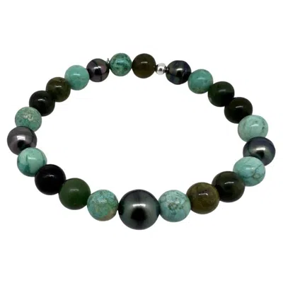 Pre-owned 15degreeslondon Peruvian Turquoise, British Columbia Jade & Tahiti Pearl Men's Bracelet In Green