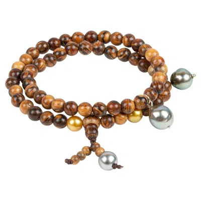 Pre-owned 15degreeslondon Prayer Bracelet With Sandalwood Beads, Golden South Sea And Tahiti Pearls In Multi