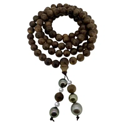 Pre-owned 15degreeslondon Unisex Buddhist Inspired Necklace Sandalwood Wood Beads With Tahiti Pearls In Multi