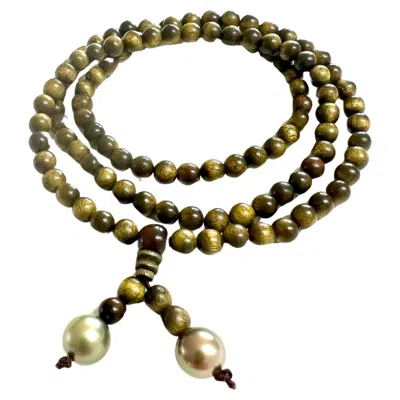 Pre-owned 15degreeslondon Unisex Green Wood Beads & Tahiti Pearl Necklace