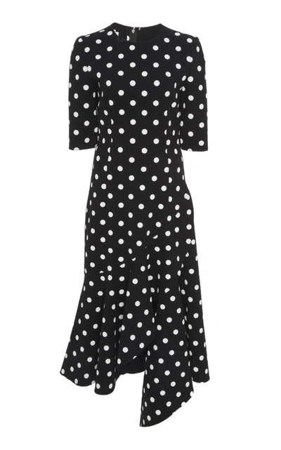 Oscar De La Renta Polka-dot Drop-waist Fitted Asymmetric-hem Midi Dress In Black/white