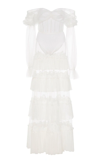 Jonathan Simkhai Threaded Lace Ruffle Bodysuit Dress In White