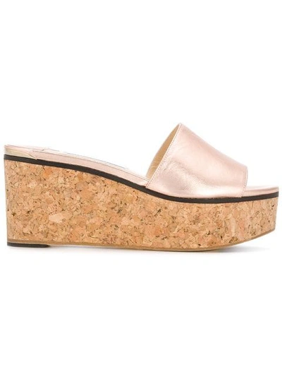 Jimmy Choo Deedee 80 Tea Rose Metallic Nappa Leather Sandal Wedges In Pink