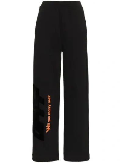 Off-white High Waisted Text Print Cotton Trousers In Black