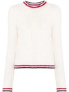 THOM BROWNE CREWNECK PULLOVER WITH RED, WHITE AND BLUE TIPPING STRIPE IN MERINO WOOL BOUCLE BLEND