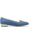 CHARLOTTE OLYMPIA CHARLOTTE OLYMPIA WOMAN KITTY EMBROIDERED QUILTED DENIM SLIPPERS MID DENIM,3074457345618689320