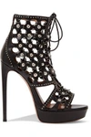 ALAÏA ALAÏA WOMAN LACE-UP EMBELLISHED LEATHER PLATFORM SANDALS BLACK,3074457345619063796