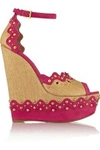 ALAÏA ALAÏA WOMAN PAILLE GLAMOUR TWO-TONE EMBELLISHED SUEDE AND STRAW WEDGE SANDALS FUCHSIA,3074457345617503081