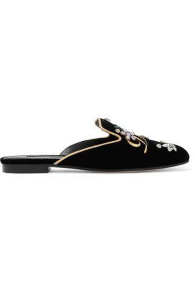 Dolce & Gabbana Embellished Velvet Slippers In Black