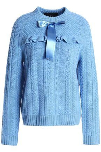 Needle & Thread Bow-embellished Cable-knit Merino Wool Jumper In Light Blue