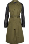 VEDA WOMAN LEATHER-PANELED COTTON-TWILL TRENCH COAT ARMY GREEN,US 1016843419796143