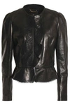 ROBERTO CAVALLI LACE AND RUFFLE-TRIMMED LEATHER JACKET,3074457345619000831