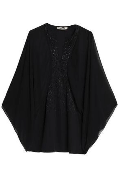 Roberto Cavalli Embellished Georgette And Crepe Blouse In Black