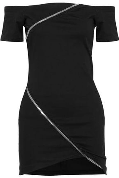 Rta Off-the-shoulder Zip-detailed Cotton-blend Mini Dress In Black