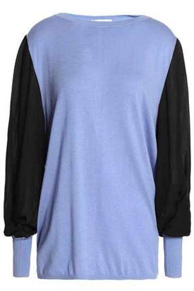 Amanda Wakeley Woman Ray Voile-paneled Silk, Wool And Cashmere-blend Jumper Light Blue