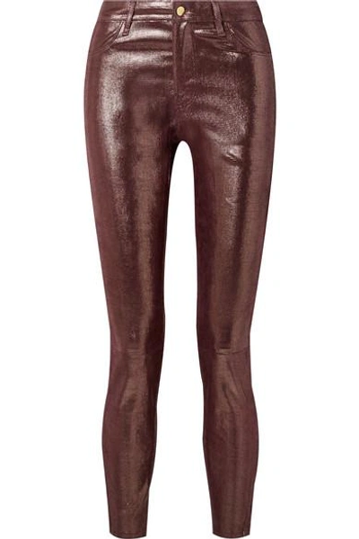 J Brand Metallic Snake-effect Leather Skinny Trousers In Burgundy