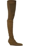 RICK OWENS RICK OWENS WOMAN RIB-PANELED NUBUCK THIGH BOOTS SAGE GREEN,3074457345619279827