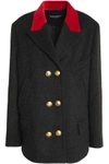 DOLCE & GABBANA DOUBLE-BREASTED VELVET-TRIMMED WOOL AND COTTON-BLEND JACKET,3074457345618733730
