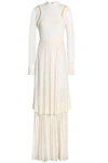 ROBERTO CAVALLI ROBERTO CAVALLI WOMAN TIERED EMBELLISHED PLEATED STRETCH-KNIT GOWN IVORY,3074457345619000908