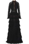 ELIE SAAB ELIE SAAB WOMAN LACE-PANELED TIERED CHIFFON GOWN BLACK,3074457345618983562