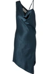 MICHELLE MASON WOMAN ASYMMETRIC DRAPED SILK-CHARMEUSE MINI DRESS STORM BLUE,US 4146401443586302