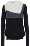 RICK OWENS DRKSHDW WOMAN SHEARLING, LEATHER AND DENIM-PANELED COTTON-TWILL JACKET BLACK,US 1874378722895850