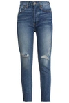 RE/DONE RE/DONE WOMAN DISTRESSED HIGH-RISE SLIM-LEG JEANS MID DENIM,3074457345619017340