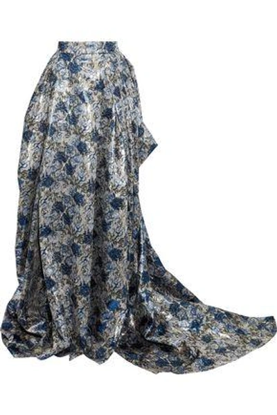 Carolina Herrera Draped Pleated Brocade Maxi Skirt In Silver