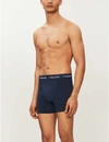 CALVIN KLEIN CALVIN KLEIN MENS BLUE/BLACK/BLUE PACK OF THREE MODERN ESSENTIALS CLASSIC-FIT STRETCH-COTTON TRUNKS,69319945