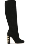 DOLCE & GABBANA WOMAN EMBELLISHED SUEDE KNEE BOOTS BLACK,GB 14693524283692474