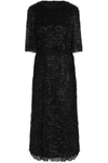 DOLCE & GABBANA DOLCE & GABBANA WOMAN LACE-TRIMMED TINSEL MIDI DRESS BLACK,3074457345619869164