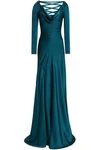 JENNY PACKHAM WOMAN BEAD-EMBELLISHED LACE-UP SATIN-CREPE GOWN PETROL,GB 5016545970012290