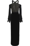 ROLAND MOURET TADLEY COLD-SHOULDER EMBROIDERED CREPE AND VELVET GOWN,3074457345618818474