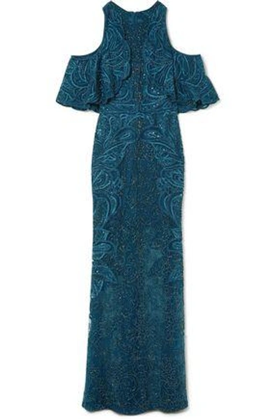 Elie Saab Woman Cold-shoulder Bead-embellished Tulle Gown Storm Blue