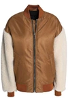 MAJE WOMAN + SCHOTT NYC BOSTON SHEARLING-PANELED SHELL BOMBER JACKET CAMEL,GB 6041209515305952