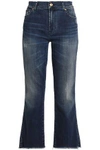 7 FOR ALL MANKIND WOMAN DISTRESSED FADED MID-RISE BOOTCUT JEANS DARK DENIM,GB 14693524283948508