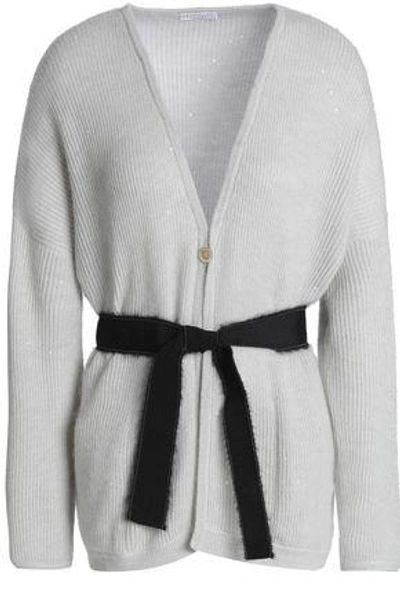 Brunello Cucinelli Woman Belted Ribbed-knit Cardigan Light Grey