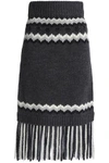 RED VALENTINO REDVALENTINO WOMAN FRINGED INTARSIA-KNIT MIDI SKIRT DARK GRAY,3074457345619347263