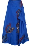 ROKSANDA WOMAN FLORAL-APPLIQUÉD DRAPED SILK MIDI SKIRT COBALT BLUE,GB 4230358016335531