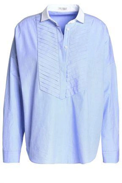 Brunello Cucinelli Woman Pintucked Cotton Shirt Sky Blue