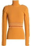 ROKSANDA WOMAN RUFFLE-TRIMMED STRIPED RIBBED-KNIT TURTLENECK TOP MUSTARD,GB 14693524283551856