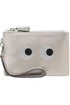 ANYA HINDMARCH WOMAN METALLIC LEATHER-TRIMMED GLITTERED SATIN POUCH STONE,GB 3633577411450142