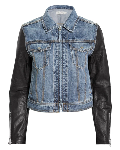 Rag & Bone Nico Zip-front Denim Jacket With Leather Sleeves In Indigo
